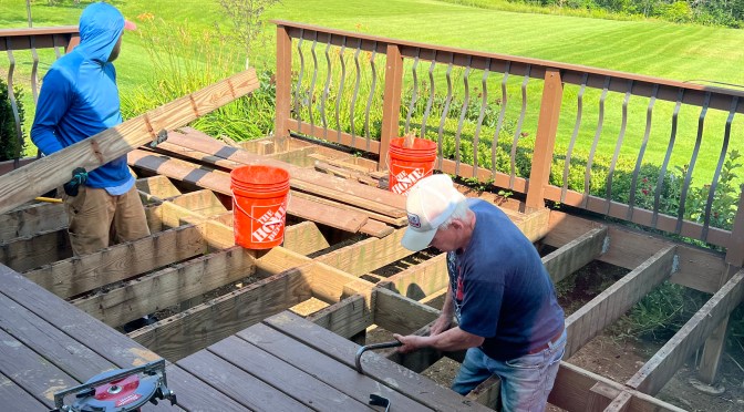 Deck deconstruction is officially underway.